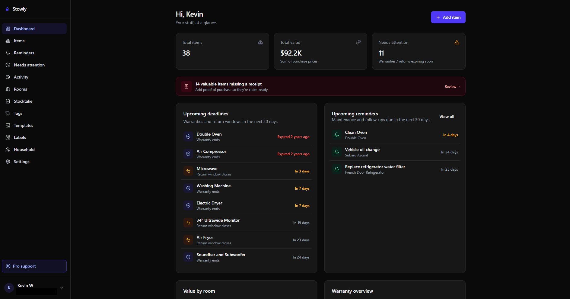 The Stowly dashboard populated with a real inventory — a total item count and total value, an alert flagging valuable items that are missing a receipt, a list of upcoming warranty and return-window deadlines, maintenance reminders, and value-by-room and warranty-overview panels.