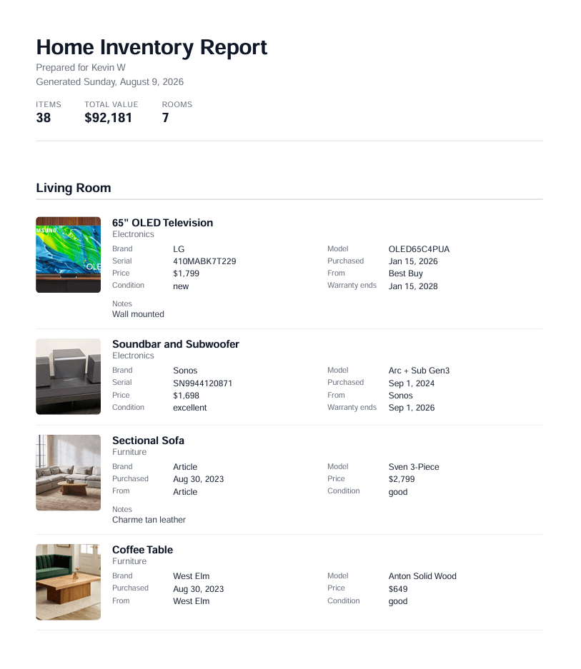 A sample insurance-ready PDF Stowly exports — a Home Inventory Report listing items by room with each item's photo, brand, serial number, price, and warranty dates, plus a total inventory value.